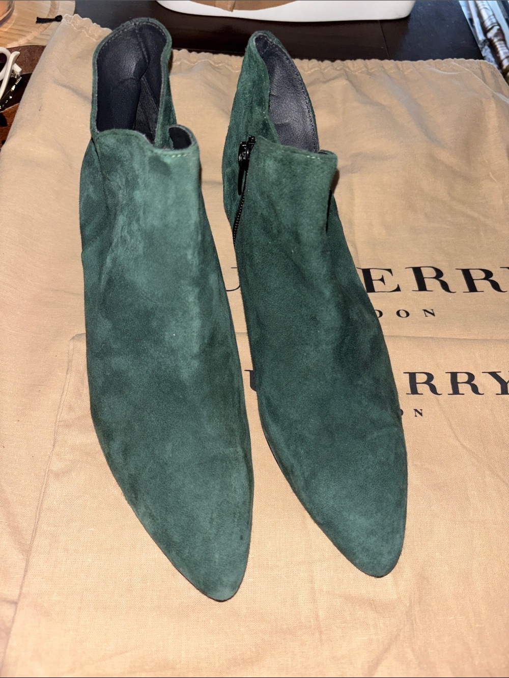 Manu Mari Vintage Forest Green Suede Pointed Toe Ankle Booties